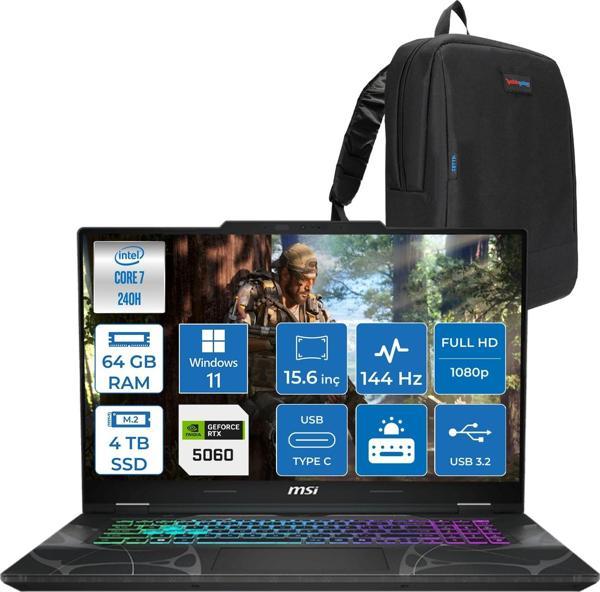 Msı Cyborg 15 Intel Core 7 240H 64GB Ddr5 4tb SSD RTX5060 Gddr7 8gb Windows 11 Pro 15.6" Fhd (1920X1080) 144HZ Taşınabilir Bilgisayar B2RWFKG208XTRP30 + Zetta Çanta - Image 1