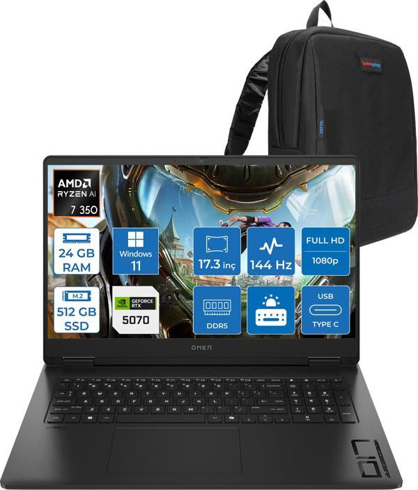 Hp Omen Amd Ryzen™ Aı 7 350 24GB Ddr5 512GB SSD 8GB/RTX5070 Gddr7 17.3 Fhd 144Hz 300NITS IPS 7ms Windows 11 Pro Taşınabilir Bilgisayar.BQ1Q1EAP02+ZETTAÇANTA - Image 1