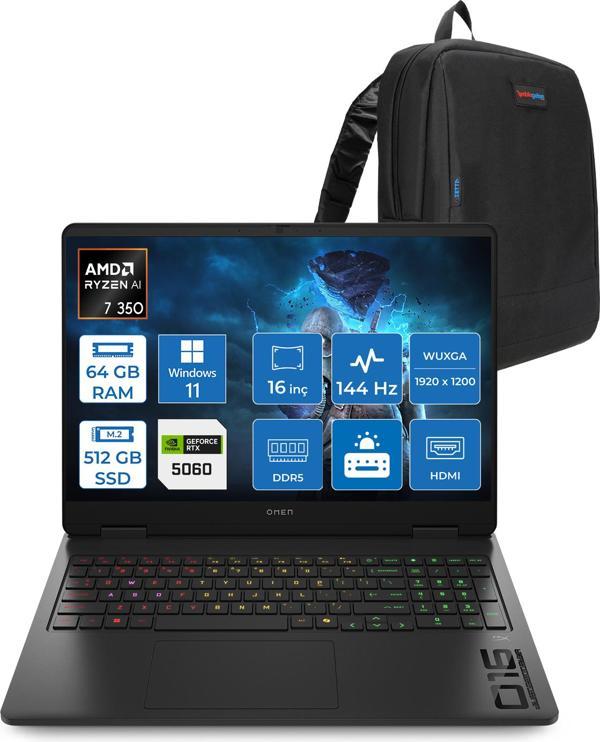 Hp Omen Amd Ryzen™ Aı 7 350 64GB Ddr5 512GB SSD 8GB/RTX5060 Gddr7 16" 144 Hz, IPS  300 Nits IPS 2k (1920 x 1200 Windows 11 Pro Taşınabilir Bilgisayar.BL6W4EAP17+ZETTAÇANTA - Image 1