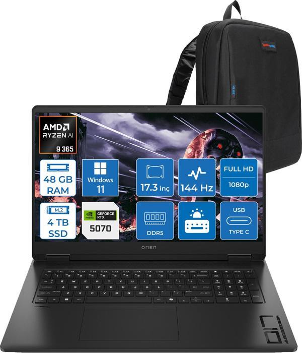 Hp Omen 17-DB1003NT Amd Ryzen Aı 9 365 48GB Ddr5 4tb SSD RTX5070 8gb Gddr7 17.3 Inç Fullhd (1920 x 1080) 144Hz 7ms 300NITS IPS Windows 11 Pro Taşınabilir Bilgisayar C67G1EAP28 + Zetta Çanta - Image 1
