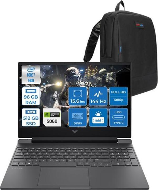 Hp Victus Intel Core I7 240H 96GB Ddr5 512GB SSD 8GB/RTX5060 15.6" Fhd 144Hz IPS 62.5% Srgb Windows 11 Pro Taşınabilir Bilgisayar BV7W9EAH21 + Zettaçanta - Image 1