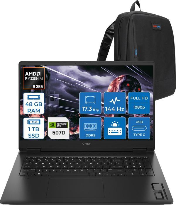 Hp Omen 17-DB1003NT Amd Ryzen Aı 9 365 48GB Ddr5 1tb SSD RTX5070 8gb Gddr7 17.3 Inç Fullhd (1920 x 1080) 144Hz 7ms 300NITS IPS Freedos Taşınabilir Bilgisayar C67G1EAF26 + Zetta Çanta - Image 1