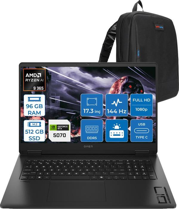 Hp Omen 17-DB1003NT Amd Ryzen Aı 9 365 96GB Ddr5 512GB SSD RTX5070 8gb Gddr7 17.3 Inç Fullhd (1920 x 1080) 144Hz 7ms 300NITS IPS Freedos Taşınabilir Bilgisayar C67G1EAF43 + Zetta Çanta - Image 1