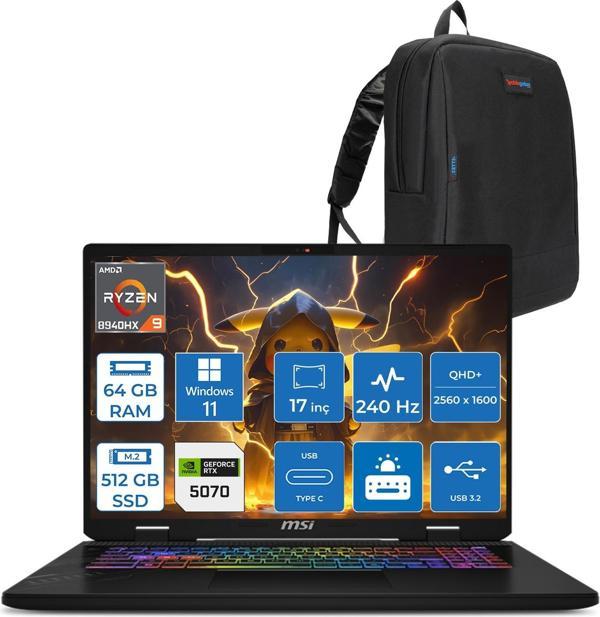 Msı Crosshaır A17 Hx D8WGKG-012XTR Ryzen9 8940HX Aı 64GB 512GB SSD 8GB/RTX5070 Gddr7 115W 17"2.5k (2560 x 1600, Qhd+) 240Hz  Windows 11 Home Taşınabilir Bilgisayar Z012XTRH25+ZETTAÇANTA - Image 1