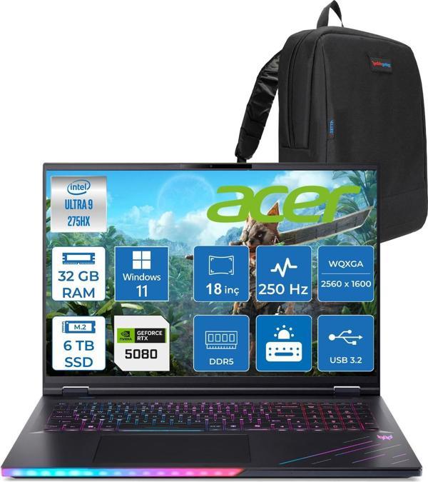 Acer Predator PH18-73 Intel Core Ultra 9 275HX 32GB 6tb Windows 11 Pro 16GB RTX5080 18'' WQXGA(2560 x 1600) IPS 250HZ Taşınabilir Bilgisayar NHQVZEY001P05 + Zetta Çanta - Image 1