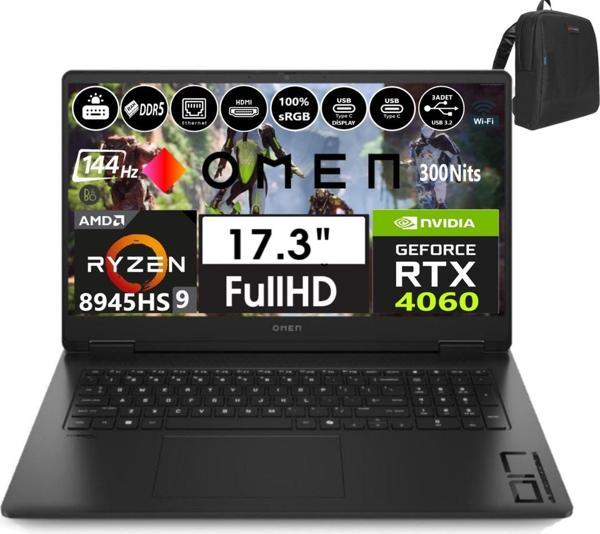 Hp Omen 17-DB0020NT Amd Ryzen 9-8945HS Aı 24GB Ddr5 2tb SSD 8gb/RTX4060 WINDOWS11HOME 17.3" 144Hz 7ms 300NITS Fhd IPS Taşınabilir Bilgisayar OMA44QREAW23+WEBLEGELSINÇANTA - Image 1