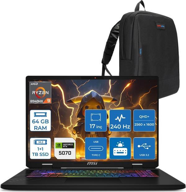 Msı Crosshaır A17 Hx D8WGKG-012XTR Ryzen9 8940HX Aı 64GB 1tb Ssd+1tbssd 8GB/RTX5070 Gddr7 115W 17"2.5k (2560 x 1600, Qhd+) 240Hz  Freedos Taşınabilir Bilgisayar Z012XTRF28+ZETTAÇANTA - Image 1