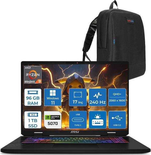Msı Crosshaır A17 Hx D8WGKG-012XTR Ryzen9 8940HX Aı 96GB 1tb SSD 8GB/RTX5070 Gddr7 115W 17"2.5k (2560 x 1600, Qhd+) 240Hz  Windows 11 Home Taşınabilir Bilgisayar Z012XTRH43+ZETTAÇANTA - Image 1
