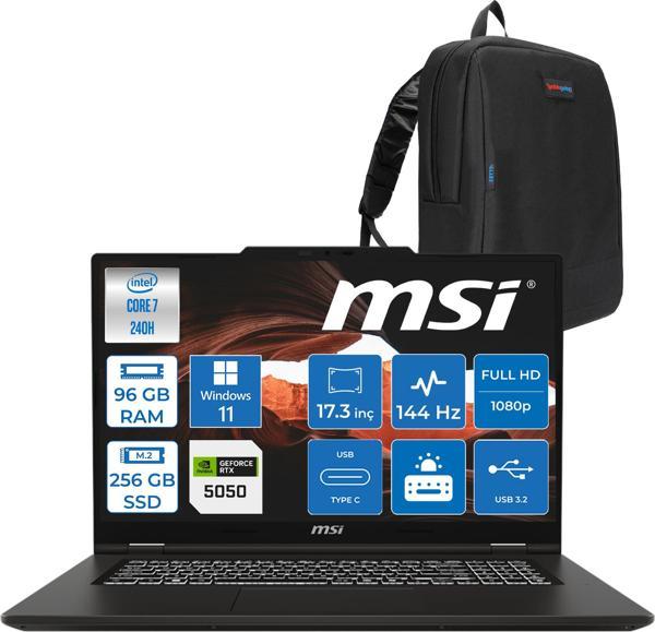 Msı Venturepro 17 Venturepro A2RWEG-027XTR Aı 2.nesil Core 7 240H 96GB Ddr5 256GB SSD 8GB/RTX5050 Gddr7 45W 17.3" Fhd 144HZ IPS WIN11HOME Gaming BILG.Z027XTRH26+ZETTAÇANTA - Image 1