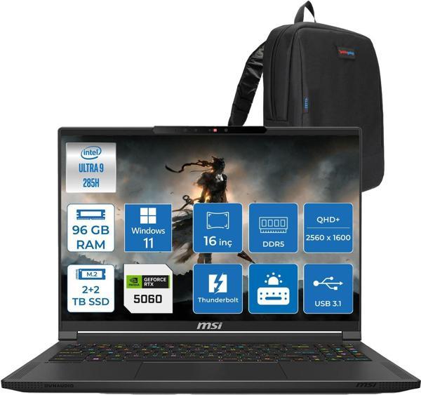 Msı Stealth 16 Aı A2HWFG-062TR Intel Core Ultra 9-285H Aı 96GB 2tb Ssd+2tb 8GB/RTX5060 95W 16″ 16:10 Qhd+ (2560 x 1600) Oled, 240hz WINDOWS11PRO Gaming Laptop Z062TRP46+ZETTAÇANTA - Image 1