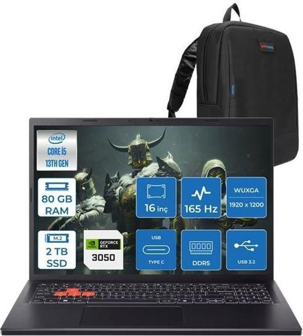 Acer Nitro Lite Intel Core I5 13420H 80GB Ddr5 2tb SSD 6GB/RTX3050/45W 16" Wuxga IPS 165Hz Windows 11 Home Taşınabilir Bilgisayar NHDAAEY001H23 + Zettaçanta - Image 1