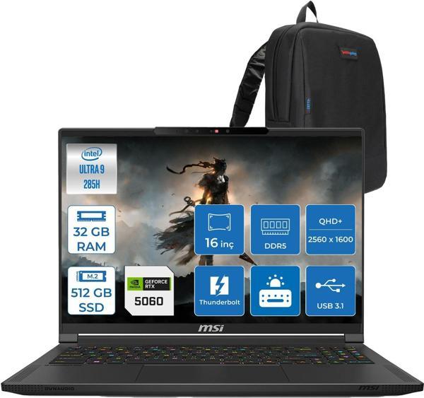 Msı Stealth 16 Aı Intel Core Ultra 9-285H 32GB 512GB SSD 8GB/RTX5060 95W 16″ 16:10 Qhd+ (2560 x 1600) Oled, 240hz Freedos Taşınabilir Bilgisayar Z062TRF09+ZETTAÇANTA  A2HWFG-062TR - Image 1
