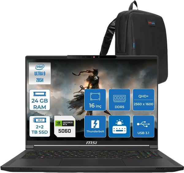 Msı Stealth 16 Aı A2HWFG-062TR Intel Core Ultra 9-285H Aı 24GB 2tb Ssd+2tb SSD 8GB/RTX5060 95W 16″ 16:10 Qhd+ (2560 x 1600) Oled, 240hz Freedos Gaming Laptop Z062TRF06+ZETTAÇANTA - Image 1