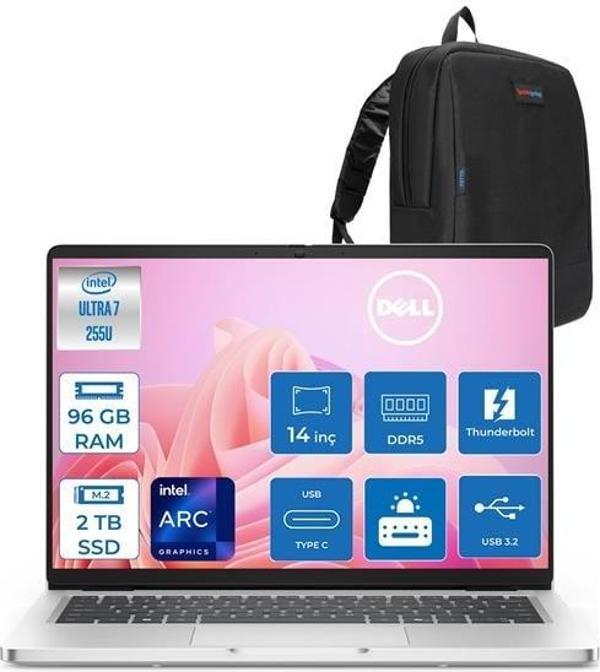 Dell Pro 14 Intel Core 7 255U 96GB Ddr5 2tb SSD Intel Arc Graphics 14" Fhd+ IPS 300NITS Windows 11 Pro Taşınabilir Bilgisayar PC14250BTO107H23 + Zettaçanta - Image 1