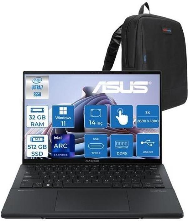 Asus Zenbook Duo Intel Core Ultra 7 255H 32GB Ddr5 512GB SSD Intel Arc Graphics WIN11PRO 14" 3k OLED 120Hz 500NITS Dokunmatik Taşınabilir Bilgisayar UX8406CAP01 + Zettaçanta - Image 1