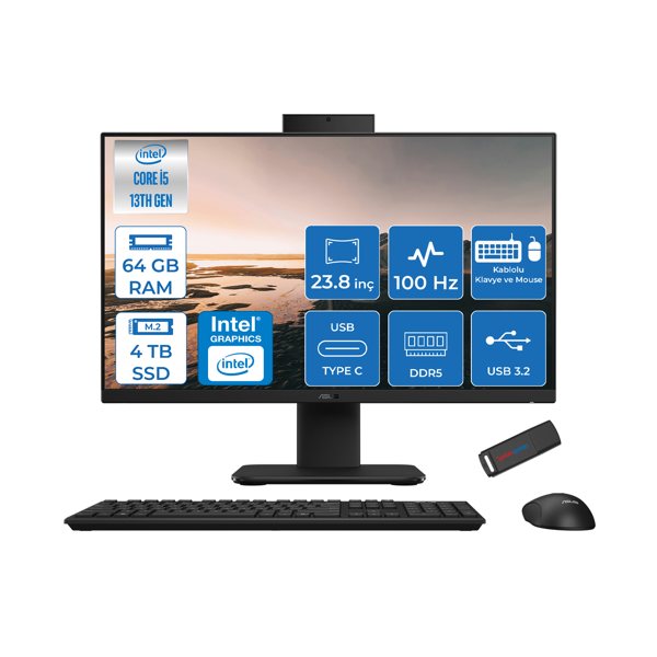 Asus V440VAK Intel Core İ5-13420H 64GB Ddr5 4tb SSD 23.8" Fhd 100HZ 250NITS Freedos Siyah Allınone Bilgisayar BSI58512B0DF30+ZETTAUSBBELLEK - Image 1