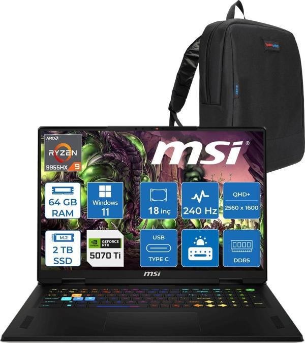 Msı Vector A18 Hx A9WHG-094TR Amd Ryzen 9-9955HX Aı 64GB 2tb SSD 12GB/RTX5070Tİ Gddr7 140W 18″ 16:10 Qhd+ (2560×1600), 240Hz Windows 11 Pro Taşınabilir Bilgisayar Z094TRP29+ZETTAÇANTA - Image 1