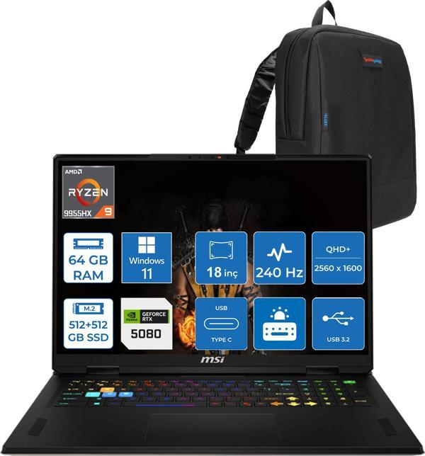 Msı Vector A18 Hx A9WIG-093TR Amd Ryzen 9-9955HX Aı 64GB 512GB SSD+512GB SSD 16GB/RTX5080 Gddr7 175W 18 Inç 2k 2560×1600) Qhd+ 240Hz WINDOWS11HOME Gaming Laptop ZT093TRH26+ZETTAÇANTA - Image 1