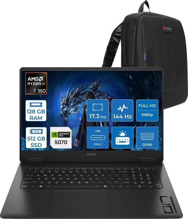 Hp Omen 17-DB1005NT Amd Ryzen Aı 7 350 128GB Ddr5 512GB SSD RTX5070 8gb Gddr7 17.3 Inç Fullhd (1920 x 1080) 144Hz 7ms 300NITS IPS Freedos Taşınabilir Bilgisayar C67G2EAF49 + Zetta Çanta - Image 1