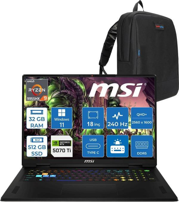 Msı Vector A18 Hx A9WHG-094TR Amd Ryzen 9-9955HX Aı 32GB 512GB SSD 12GB/RTX5070Tİ Gddr7 140W 18″ 16:10 Qhd+ (2560×1600), 240Hz Windows 11 Home Taşınabilir Bilgisayar Z094TRH09+ZETTAÇANTA - Image 1