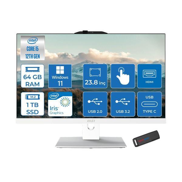 Msı Modern AM242TP Intel Core I5 1235U 64GB 1tb SSD Windows 11 Home 23.8 Inç FULLHD(1920×1080) Dokunmatik Beyaz All In One Bilgisayar 12M1678XTRH33 +Zetta Flash Bellek - Image 1