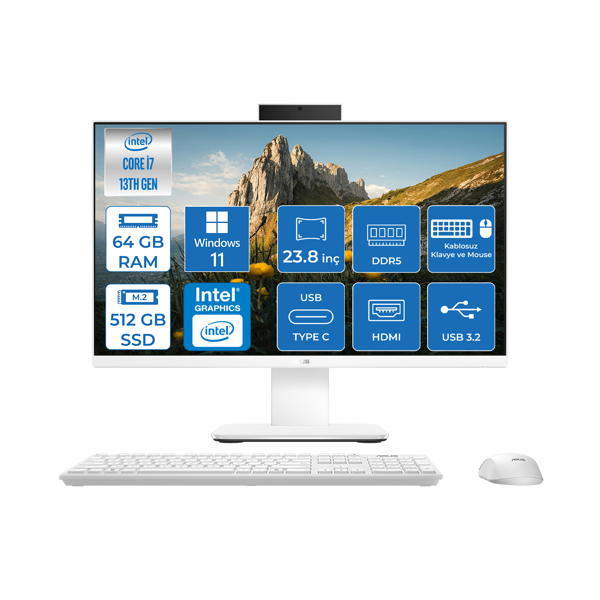 Asus V440VAK Intel Core İ7-13620H 64GB Ddr5 512GB SSD 23.8" Fhd 100HZ 250NITS WIN11PROBEYAZ Allınone Bilgisayar BI716512W0DP27+ZETTAUSBBELLEK - Image 1