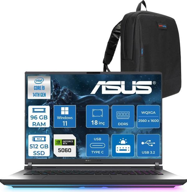 Asus Rog Strix G18 G815JMR Intel Core I9 14900HX 96GB 512GB SSD 8GB/RTX5060 115W Gddr7 18" 2.5k (2560 x 1600, Wqxga) 240Hz 3ms Windows 11 Home Taşınabilir Bilgisayar ZS9035H41+ZETTAÇANTA - Image 1