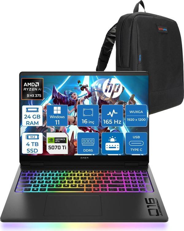 Hp Omen Max 16-AK0005NT Amd Ryzen Aı 9 HX375 24GB 4tb SSD 12GB/RTX5070Tİ Gddr7 16 Inç 2k 165 Hz, 3 Ms 400 Nit Windows 11 Home Taşınabilir Bilgisayar ZBQ1Y0EAH07+ZETTAÇANTA - Image 1