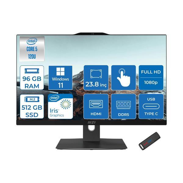 Msı Modern AM242TP Intel Core 5 120U 96GB Ddr5 512GB SSD Windows 11 Pro 23.8 Inç FULLHD(1920×1080) Dokunmatik Siyah All In One Bilgisayar 1M1677XTRP37 +Zetta Flash Bellek - Image 1