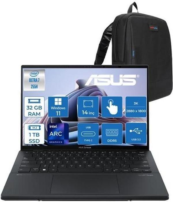 Asus Zenbook Duo Intel Core Ultra 7 255H 32GB Ddr5 1tb SSD Intel Arc Graphics WIN11PRO 14" 3k OLED 120Hz 500NITS Dokunmatik Taşınabilir Bilgisayar UX8406CAP02 + Zettaçanta - Image 1