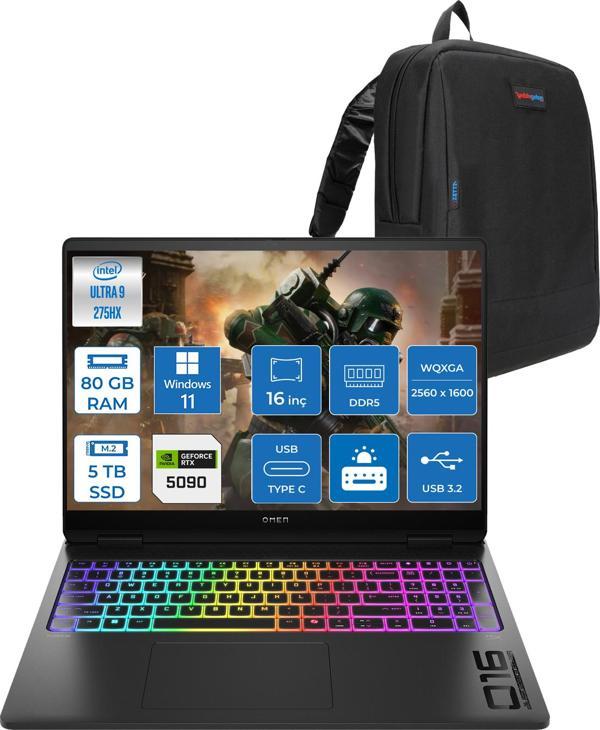 Hp Omen Max 16-AH0004NT Intel Core Ultra 9 275HX 80GB Ddr5 1tb SSD + 4tb SSD 24GB Nvıdıa RTX5090 16 Inç 500NITS 2k Wqxga 240Hz 3ms IPS Windows 11 Home Siyah OB92QMEAH20 + Zetta Çanta - Image 1