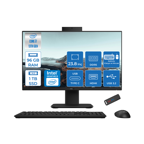 Asus V440VAK Intel Core İ7-13620H 96GB Ddr5 1tb SSD 23.8" Fhd 100HZ 250NITS Freedos Siyah Allınone Bilgisayar BI716512B0DF38+ZETTAUSBBELLEK - Image 1