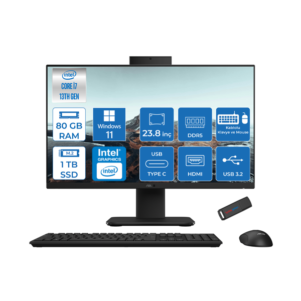 Asus V440VAK Intel Core İ7-13620H 80GB Ddr5 1tb SSD 23.8" Fhd 100HZ 250NITS WIN11HOMESIYAH Allınone Bilgisayar BI716512B0DH33+ZETTAUSBBELLEK - Image 1