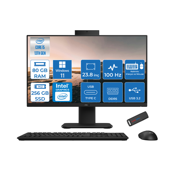 Asus V440VAK Intel Core İ5-13420H 80GB Ddr5 256GB SSD 23.8" Fhd 100HZ 250NITS WIN11HOMESIYAH Allınone Bilgisayar BSI58512B0DH31+ZETTAUSBBELLEK - Image 1