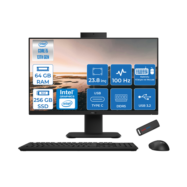 Asus V440VAK Intel Core İ5-13420H 64GB Ddr5 256GB SSD 23.8" Fhd 100HZ 250NITS Freedos Siyah Allınone Bilgisayar BSI58512B0DF26+ZETTAUSBBELLEK - Image 1