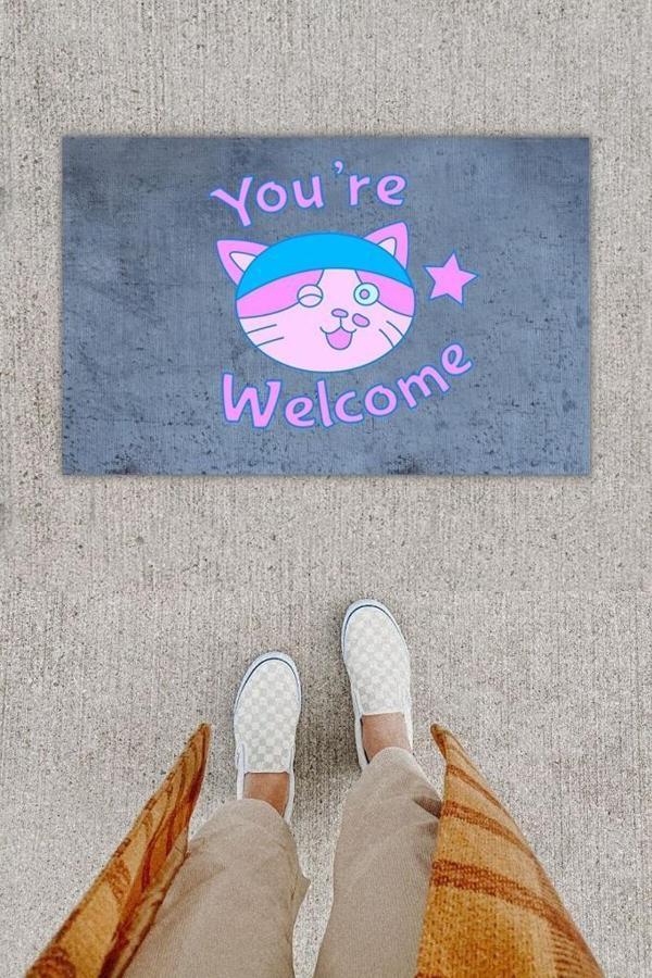 Dijital Baskı Dekoratif Welcome Kedili Antrasit Kapı Önü Paspası K-1292 - Image 1