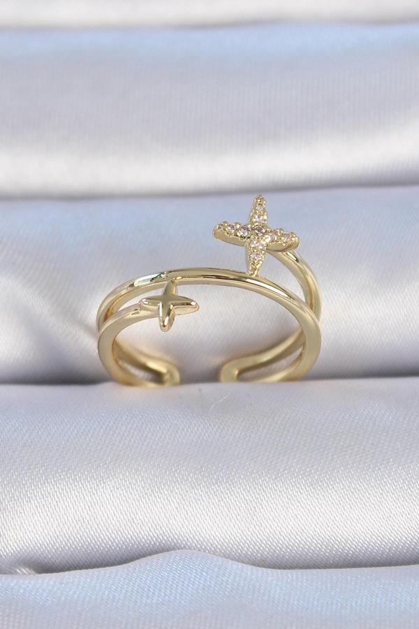 Pirinç Gold Renk Zirkon Taşlı Yıldız Model Kadın Yüzük - Image 1