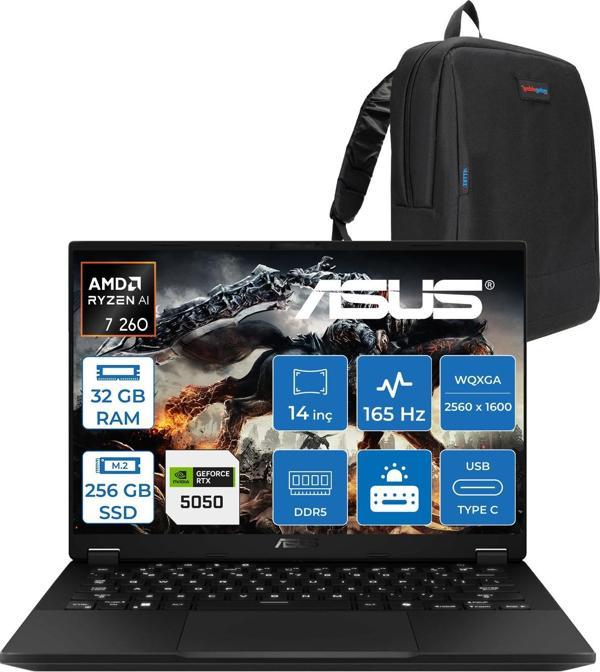 Asus Tuf Gaming A14 FA401UH Amd Aı Ryzen 7 260 32GB Ddr5  256GB SSD 8GB/RTX5050 115W 14-Inch, 165Hz 2.5k (2560 x 1600, 400NITS Wqxga Freedos Gaming Laptop ZRG025F01+ZETTAÇANTA - Image 1