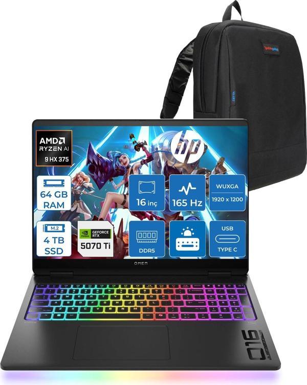 Hp Omen Max 16-AK0005NT Amd Ryzen Aı 9 HX375 64GB 4tb SSD 12GB/RTX5070Tİ Gddr7 16 Inç 2k 165 Hz, 3 Ms 400 Nit Freedos Taşınabilir Bilgisayar ZBQ1Y0EAF31+ZETTAÇANTA - Image 1