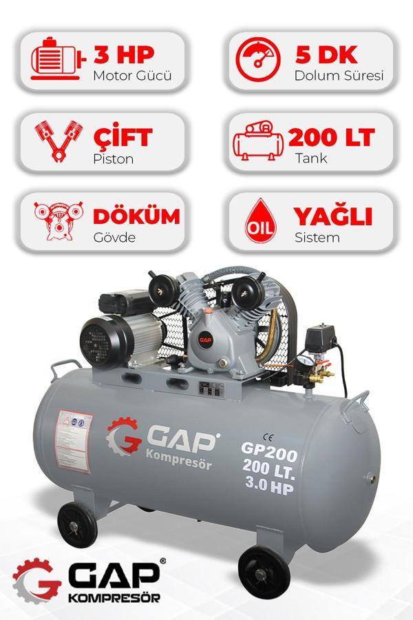 Gap Kompresör Hava Kompresörü Pistonlu 200 Lt 2 Kafa 8 Bar Gp200 - Image 1