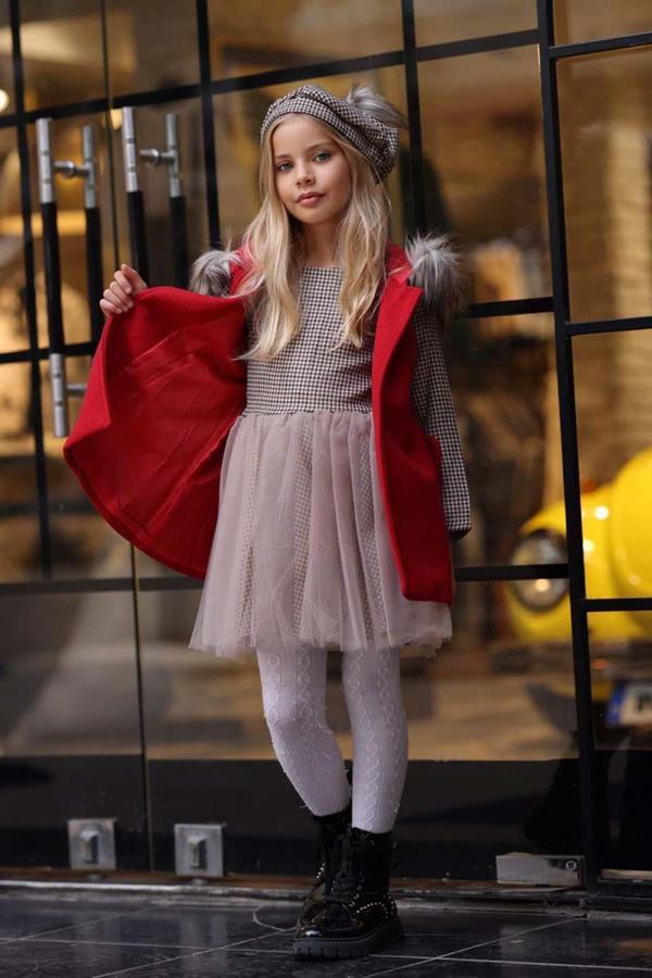 Kız Çocuk Üzeri Kare Desenli Eteği Tüllü Elbise Kürk Detaylı Kolsuz Kırmızı Kaşe - Image 1