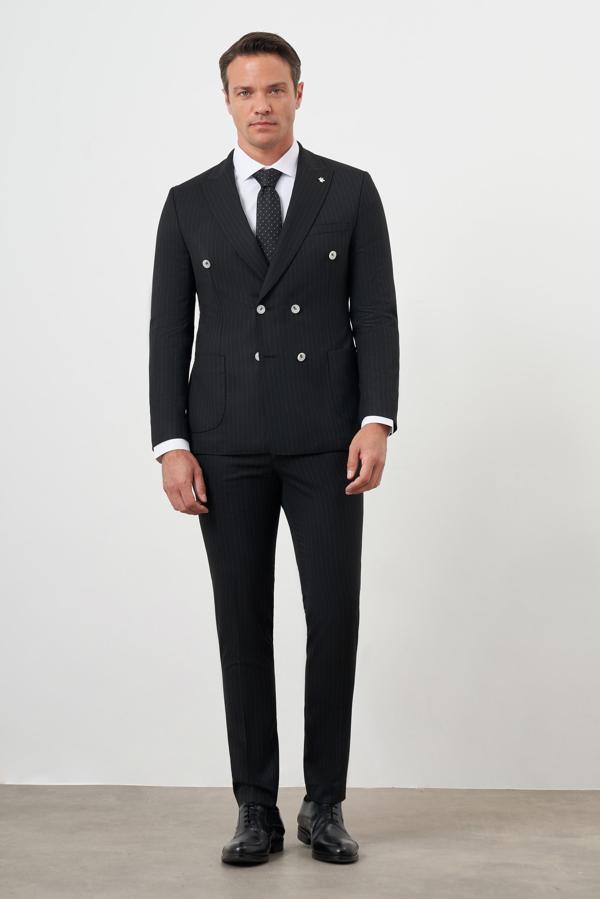  Erkek Siyah Poliviskon Trend Kruvaze Slim Fit Sivri Yaka Takım Elbise - Image 1