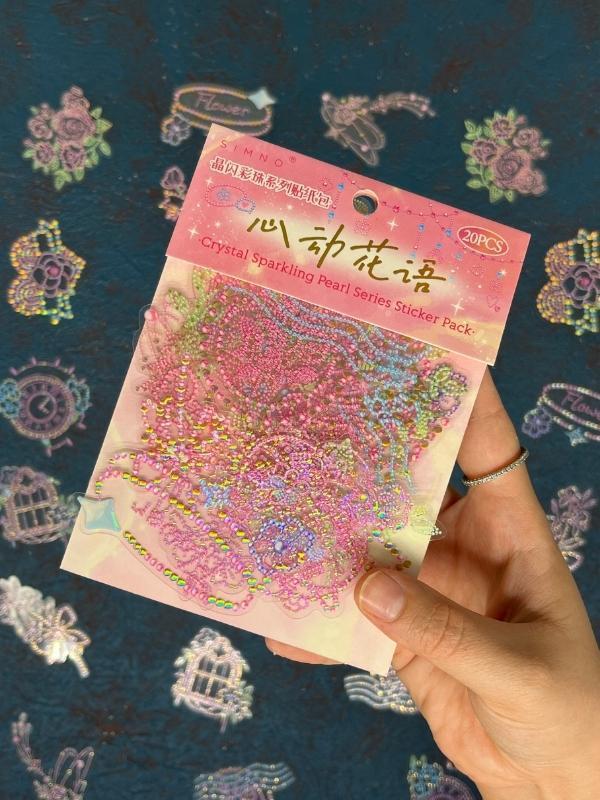 20 Adet 3D Kristal Işıltılı İnci Serisi Pembe Paket Sticker Seti / Etiket / Çıkartma / Su Geçirmez - Image 1