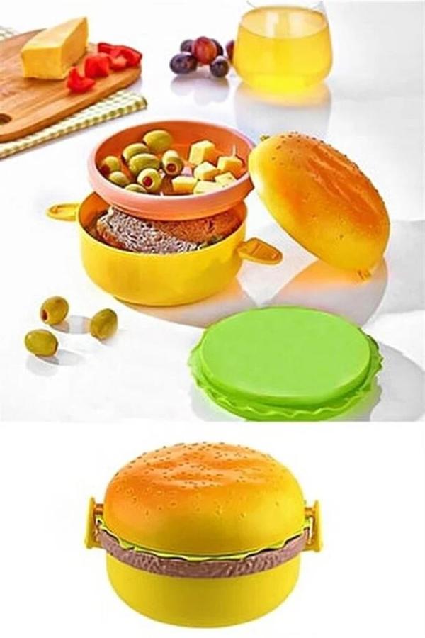 Hamburger Şeklinde Beslenme Kutusu Yemek Kuruyemiş Saklama Kabı Okul Menü Çocuk Çantası Sefer Tası - Image 1