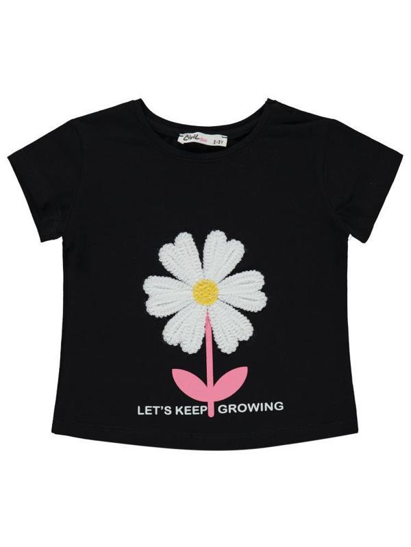 Civil Girls Mobil Çiçek Nakışlı 2-5 Yaş Tişört - Siyah3-4 Yaş - Image 1