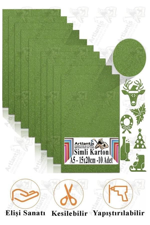 Yeşil Simli Karton A5 15x20 cm 10 lu 1 Paket Simli Fon Kartonu Parıltılı Kağıt Anasınıfı Kreş Etkinlik Proje - Image 1