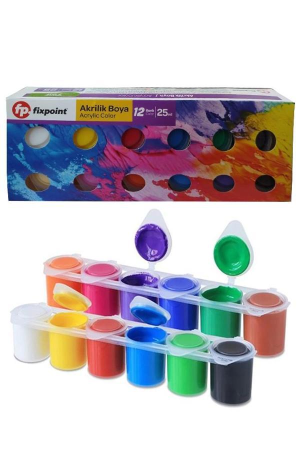 Akrilik Boya 12 Renk 1 Adet Fixpoint 25ml 12 li Akrilik Boya Resim Dersi Tuval Ahşap Seramik Cam Taş Boya Seti - Image 1