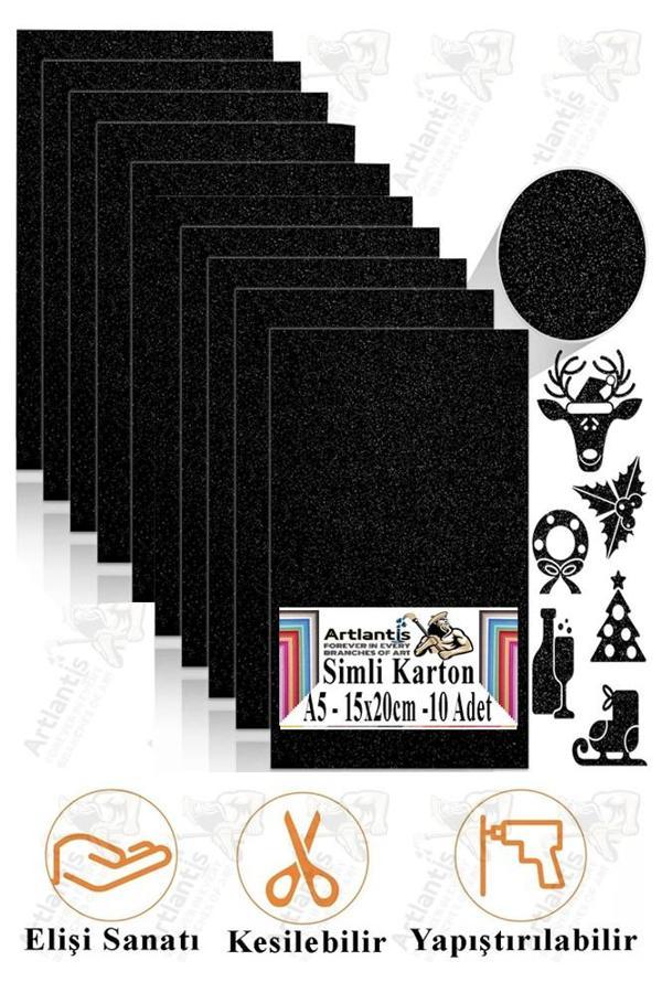 Siyah Simli Karton A5 15x20 cm 10 lu 1 Paket Simli Fon Kartonu Parıltılı Kağıt Anasınıfı Kreş Etkinlik Proje - Image 1