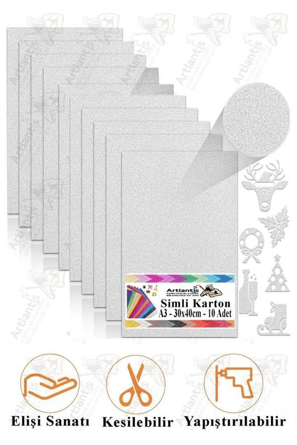 Gümüş Gri Simli Karton A3 30x40 cm 10 lu 1 Paket Simli Fon Kartonu Parıltılı Kağıt Anasınıfı Kreş Etkinlik Proje - Image 1