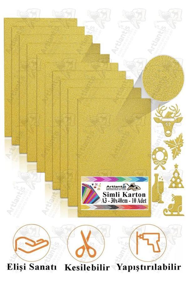 Altın Sarı Simli Karton A3 30x40 cm 10 lu 1 Paket Simli Fon Kartonu Parıltılı Kağıt Anasınıfı Kreş Etkinlik Proje - Image 1